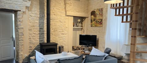 Una televisión, una chimenea, libros