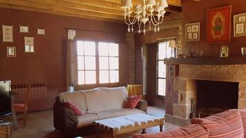 TV, fireplace, DVD player, books