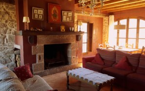 TV, fireplace, DVD player, books