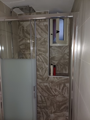 Shower, hair dryer, bidet, towels