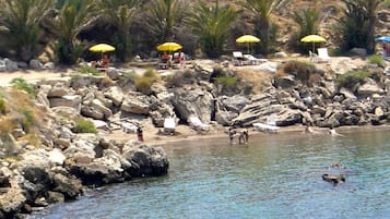 On the beach, sun-loungers