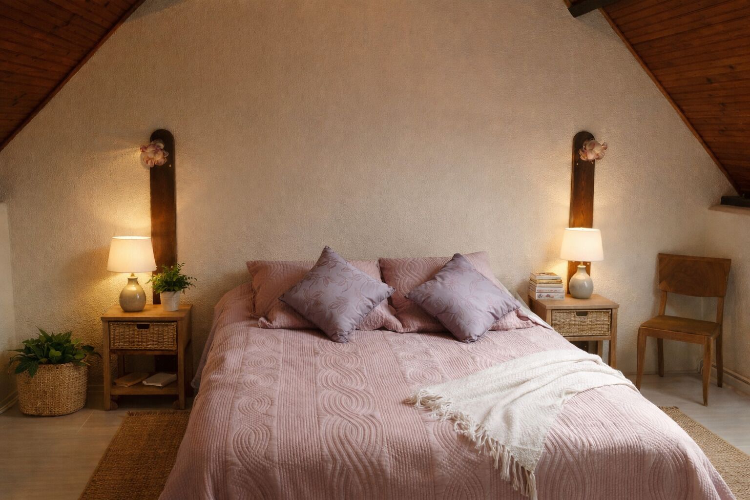 Une chambre avec un plafond en pente, un lit avec une literie rose, deux tables de chevet avec des lampes, une chaise et une petite plante.