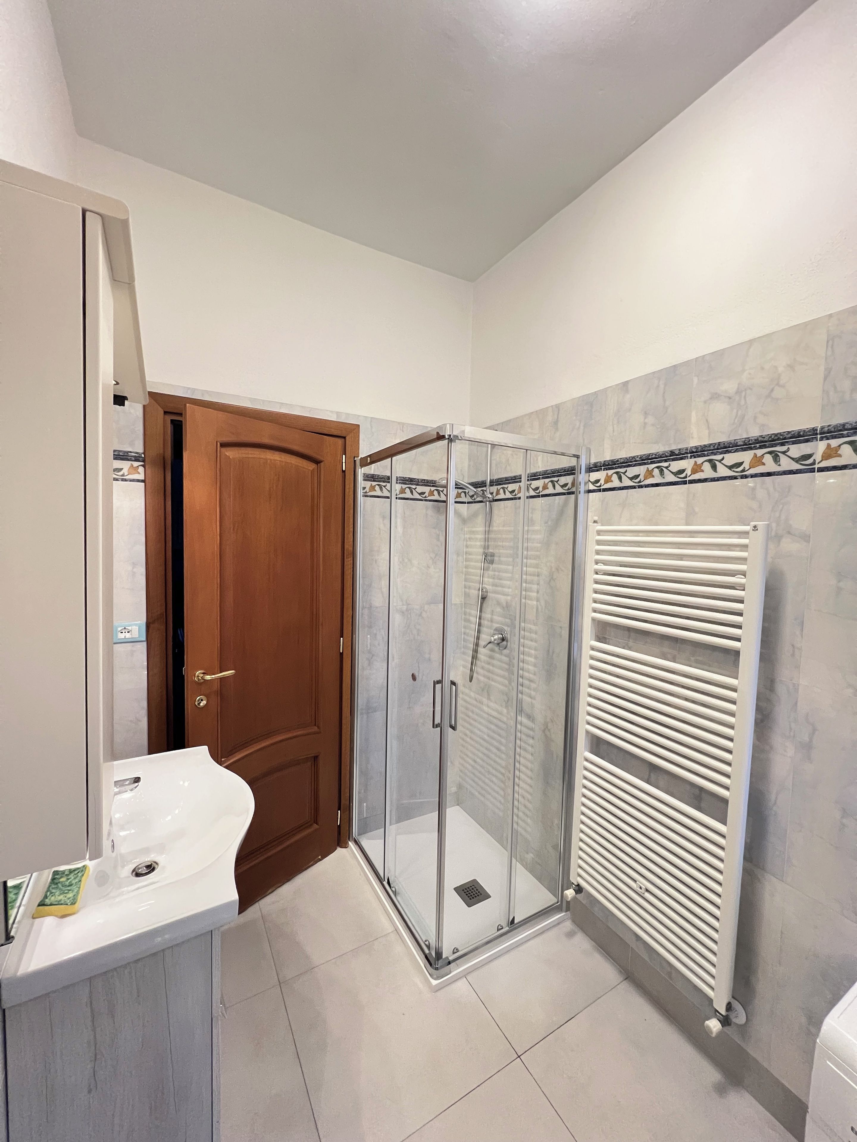 A bathroom with a glass shower enclosure, a white sink, and a towel rack.