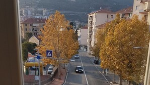 Vista callejera con árboles otoñales, un paso de peatones y un coche azul.