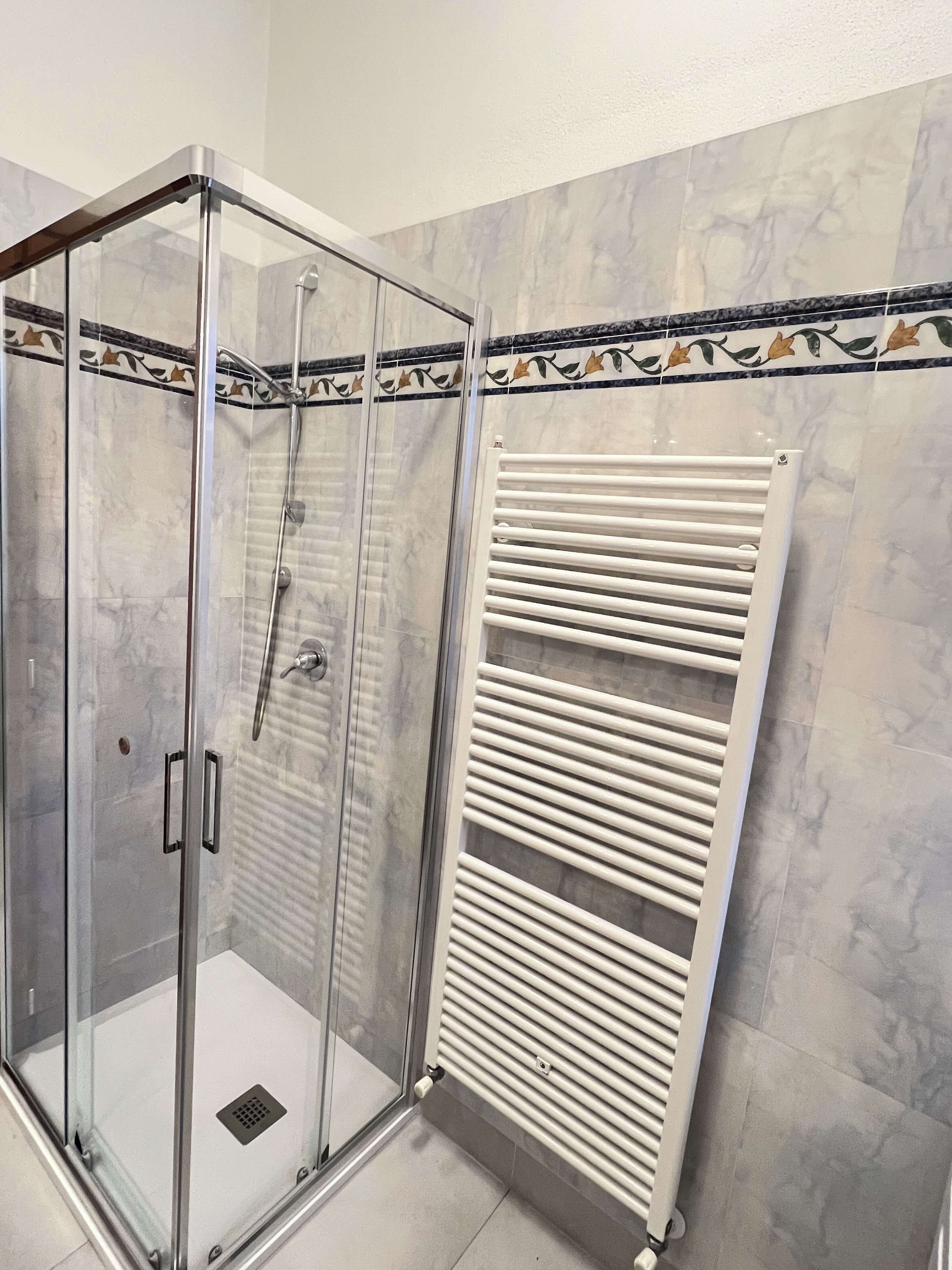 A glass-enclosed shower with a white radiator beside it.