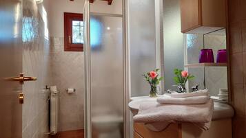 Shower, hair dryer, bidet, towels