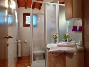 Shower, hair dryer, bidet, towels