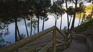 A wooden staircase leading down to a body of water, surrounded by trees. - El Mirador Rocabella Private Pool Apartment (Alora)