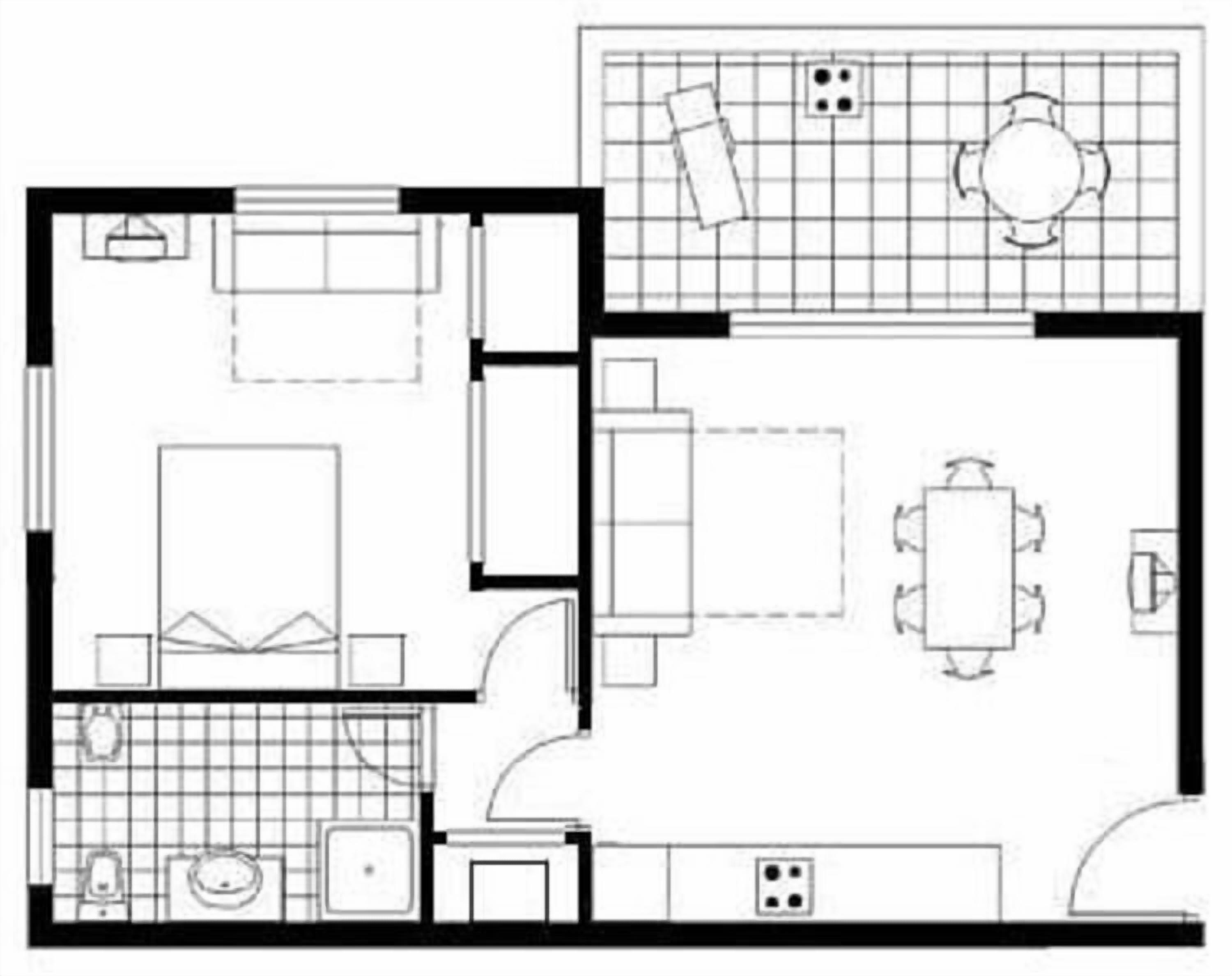 A floor plan of a hotel room with a bed, a desk, a chair, a bathroom, and a kitchenette.