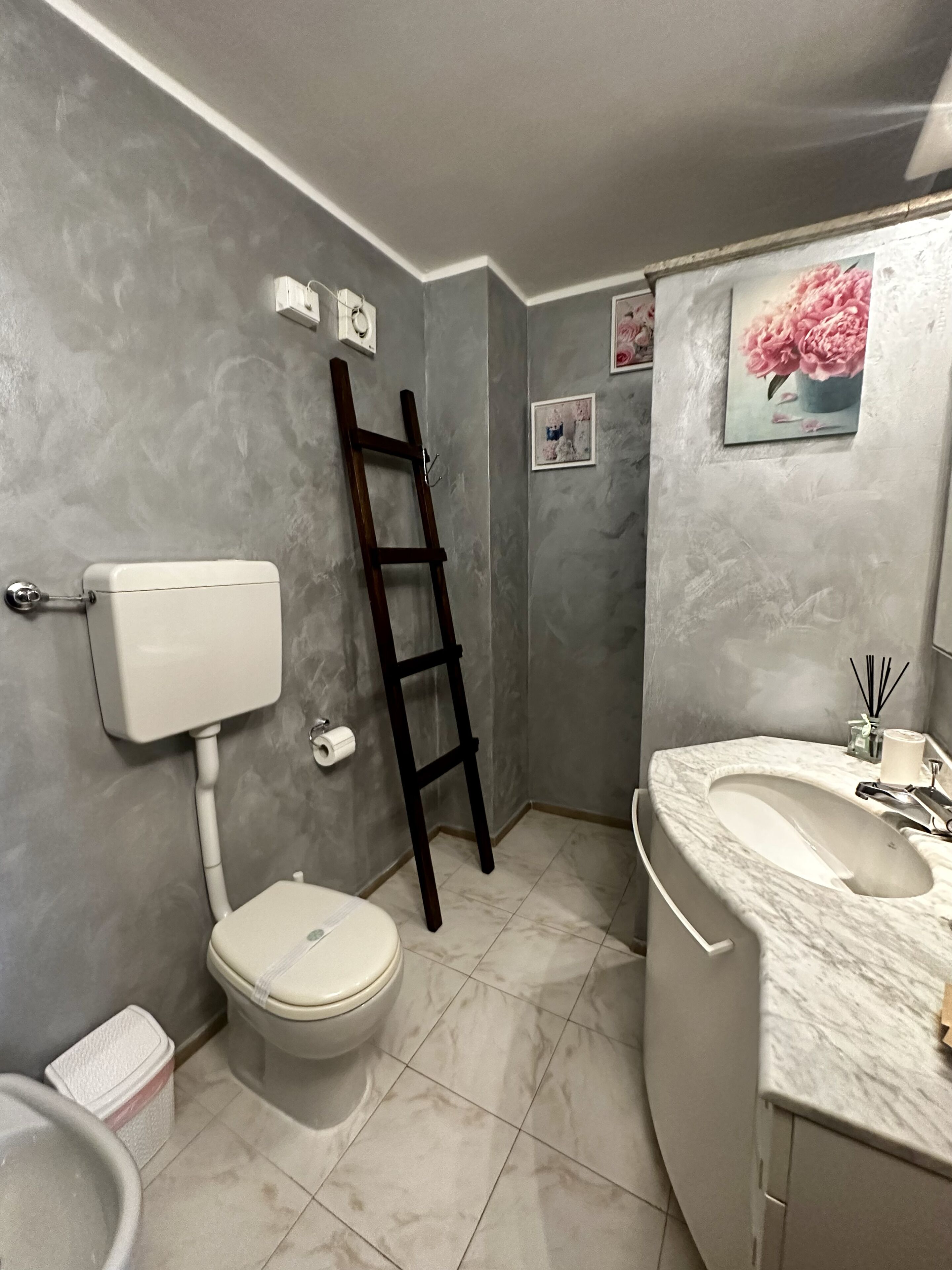 Un baño con inodoro, lavamanos y una escalera apoyada en la pared.