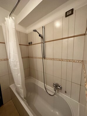 Bathtub, hair dryer, towels, toilet paper