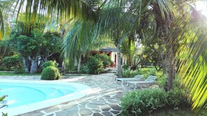 A stone-paved pool area with lounge chairs, surrounded by lush greenery and palm trees. - Superior villa with garden / pool and personal service to 150mt sea (WATAMU)