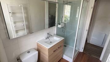 Shower, hair dryer, bidet, towels