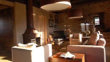 Televisión, chimenea, videojuegos y reproductor de DVD