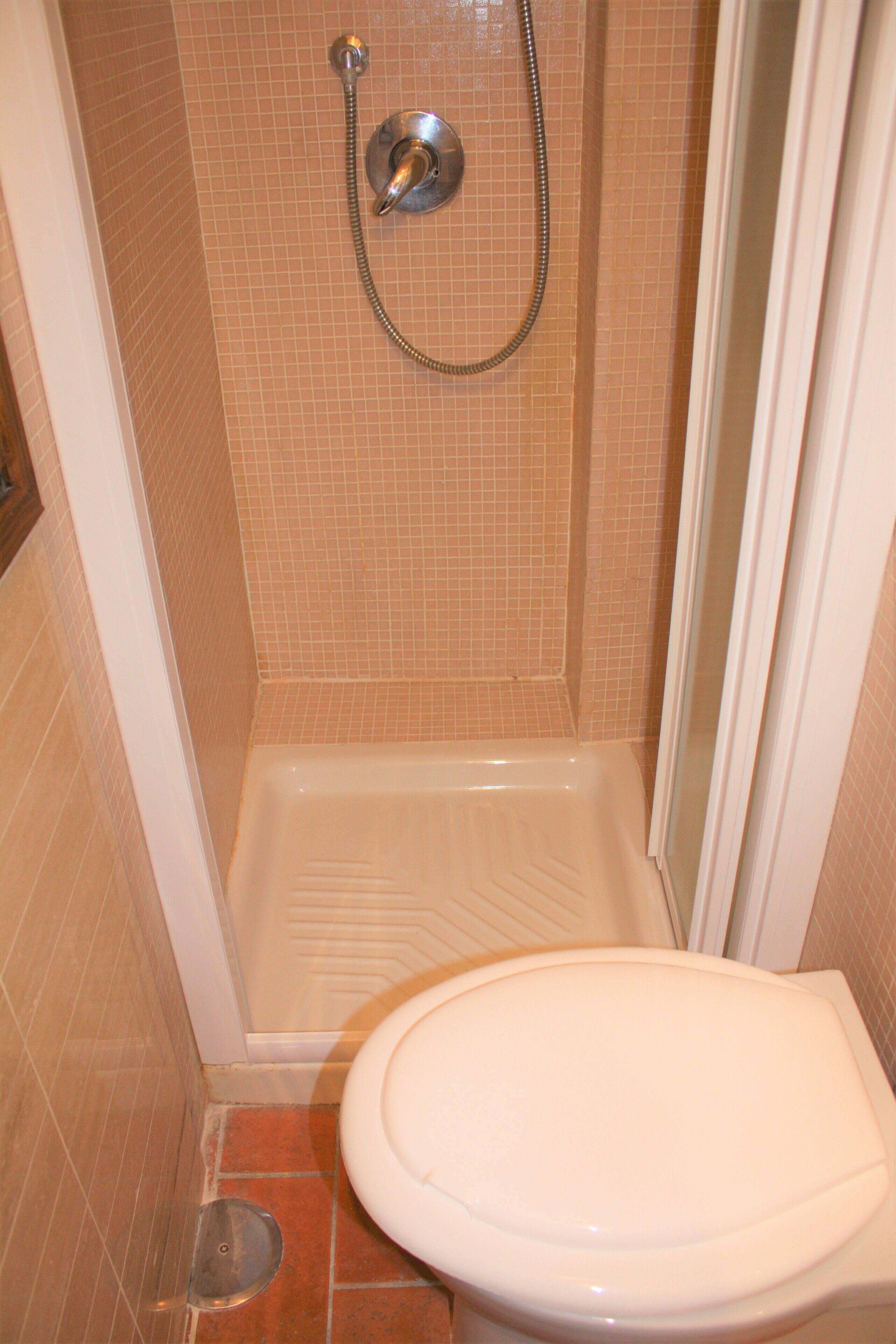 Une salle de bain avec douche, toilettes et murs carrelés.