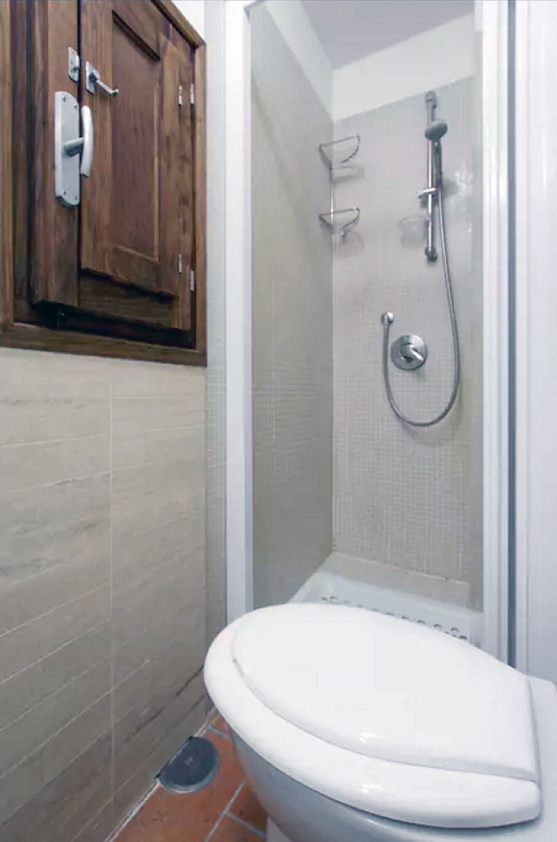 Une salle de bain équipée de toilettes, d’une douche et de meubles en bois.