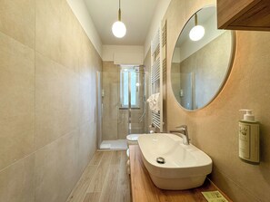 Combined shower/tub, hair dryer, bidet, towels