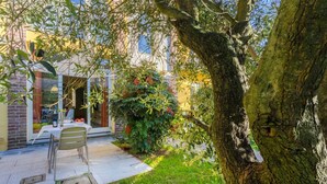 A patio with a table and chairs, surrounded by lush greenery and a large tree. - Apartment "Yellow", with pool, Villa Gabriella (Lucca)