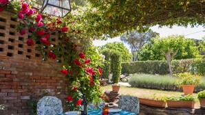 A table set outdoors with a brick wall and climbing roses, surrounded by potted plants and a wooden log.