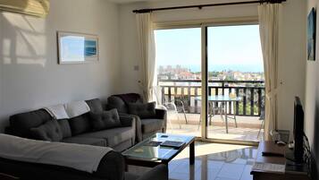 Flat-screen TV, ping pong, books