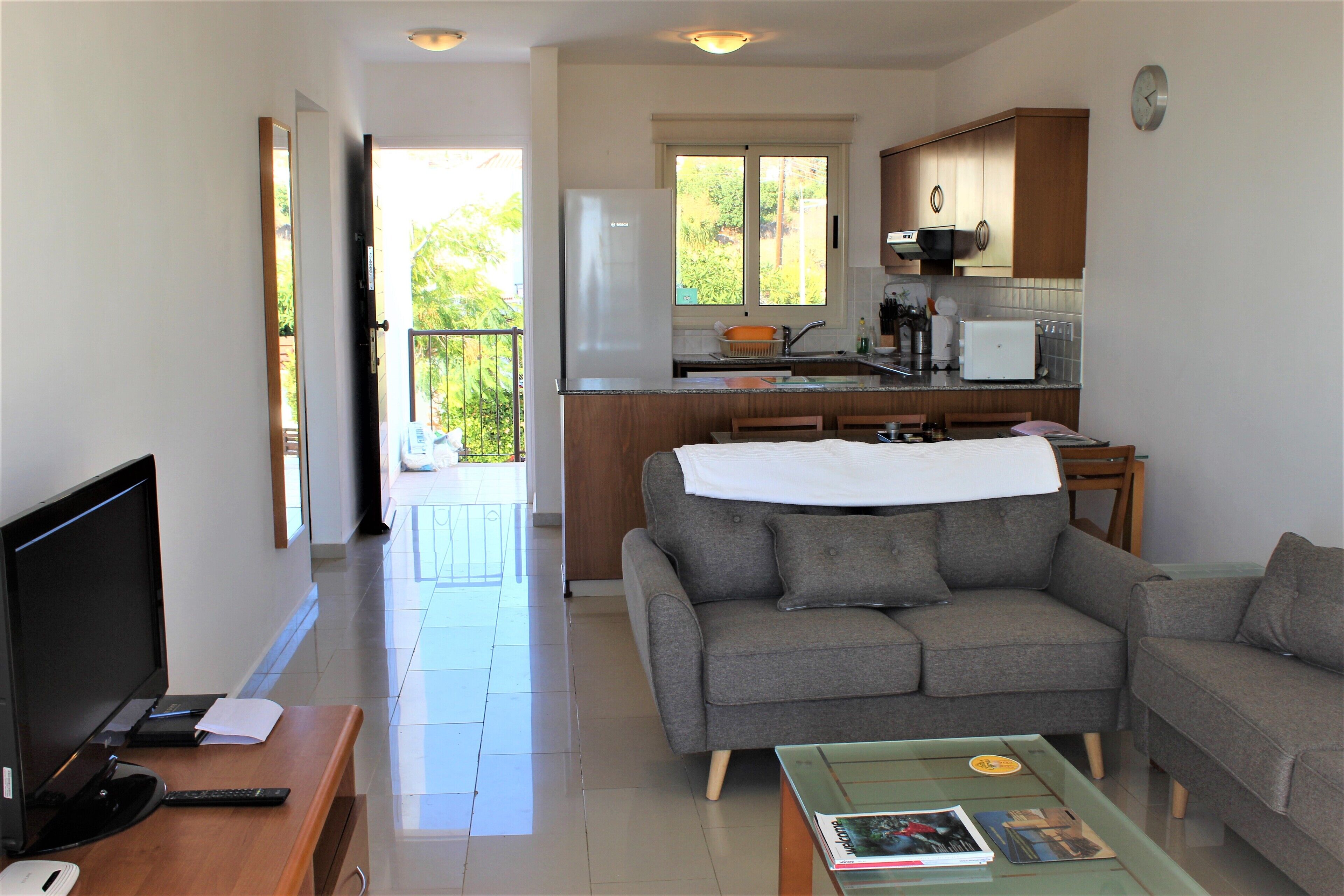 TV de tela plana, DVD player, livros