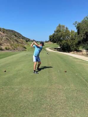 A person playing golf on a well-maintained course with clear skies.