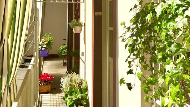A narrow balcony with potted plants and flowers, a metal railing, and a door leading to a building. - Apartment/ flat -  city center - private parking included (Torino)