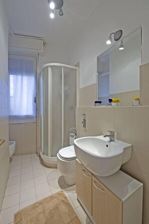 Douche, séchoir à cheveux, serviettes fournies