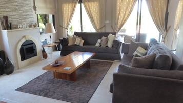 TV, caminetto, lettore DVD, libri