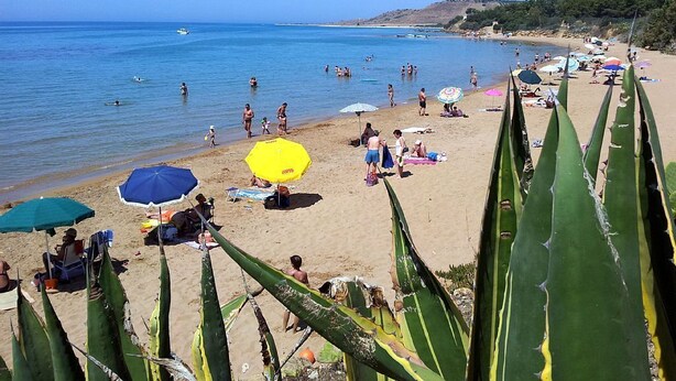 Une plage où des gens se prélassent au soleil et se baignent, entourée de verdure.