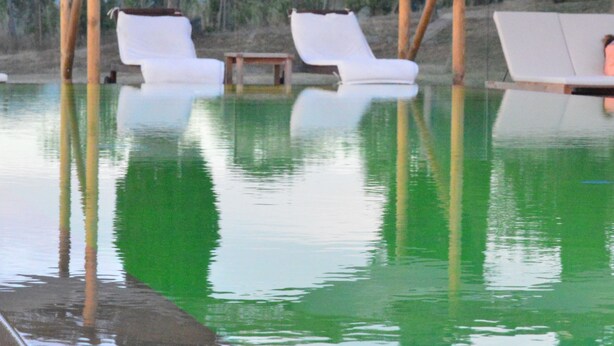 Una piscina al aire libre con sillas de descanso blancas y una pérgola.