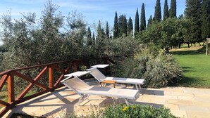 Un espace patio avec deux chaises longues et une terrasse en bois.