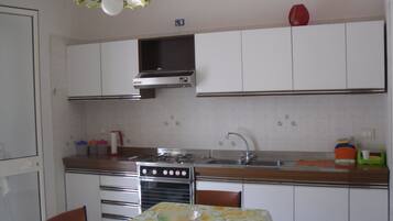 Een koelkast, een microgolfoven, een oven, een kookplaat