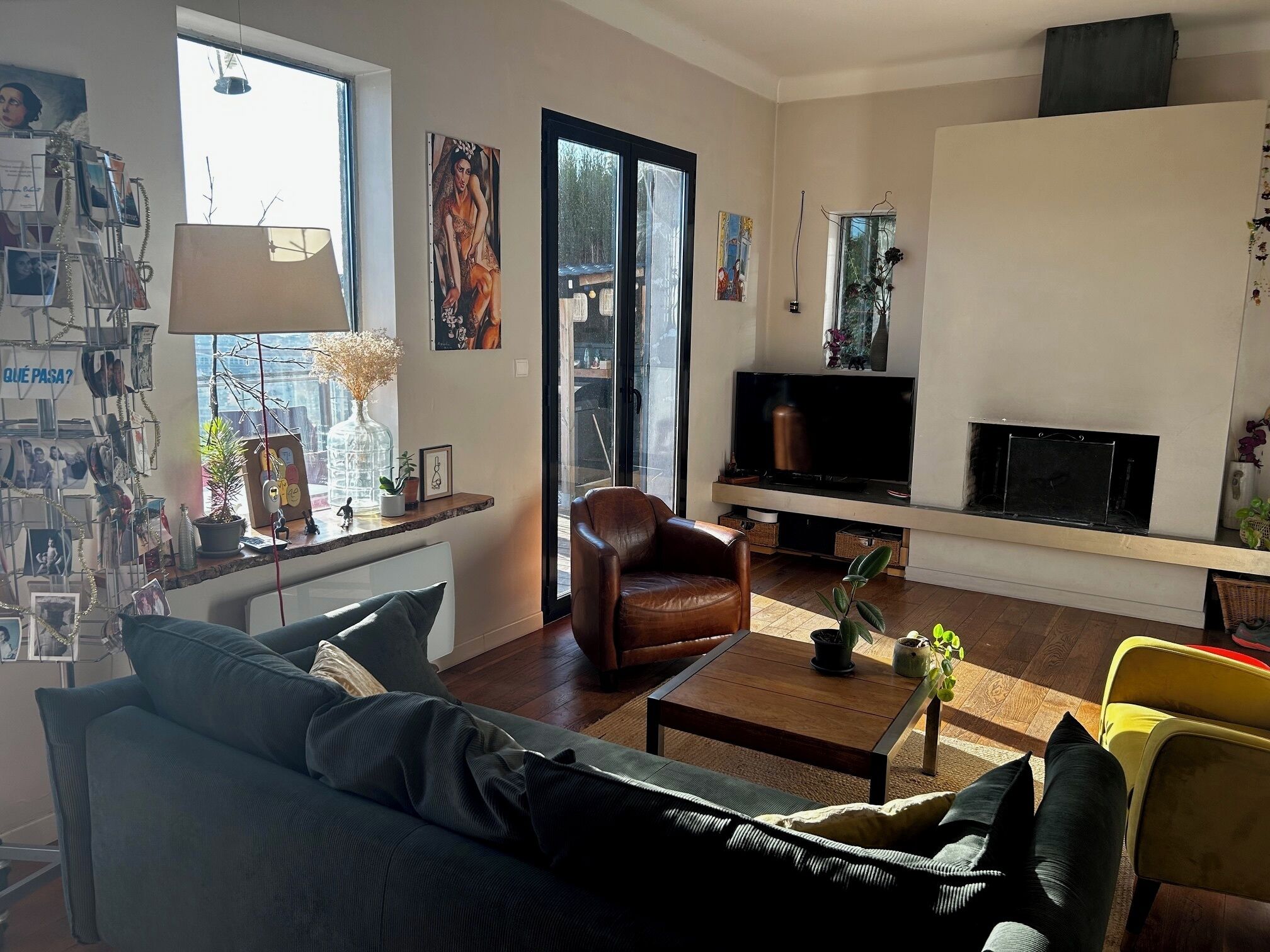 Smart TV, fireplace, books, video library