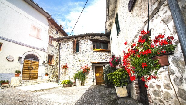 Una estrecha calle empedrada con edificios de piedra, una puerta de madera y macetas con flores rojas.