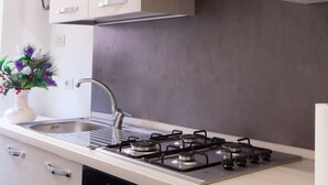 Une cuisine moderne dotée d’un évier en acier inoxydable, d’une cuisinière à gaz et de meubles de couleur claire.