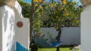 Un jardin avec un hamac, un arbre aux fruits jaunes et un mur recouvert de carreaux.