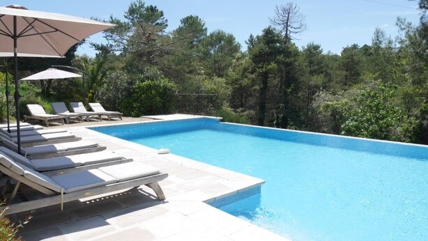 A rectangular swimming pool with clear blue water, surrounded by lounge chairs and umbrellas, set against a backdrop of trees and a clear sky.
