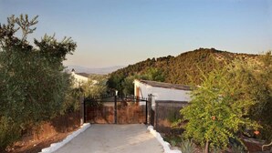 Un cancello chiuso dà accesso a una proprietà con un sentiero sterrato che conduce a un edificio bianco, immerso nel verde e con colline sullo sfondo.