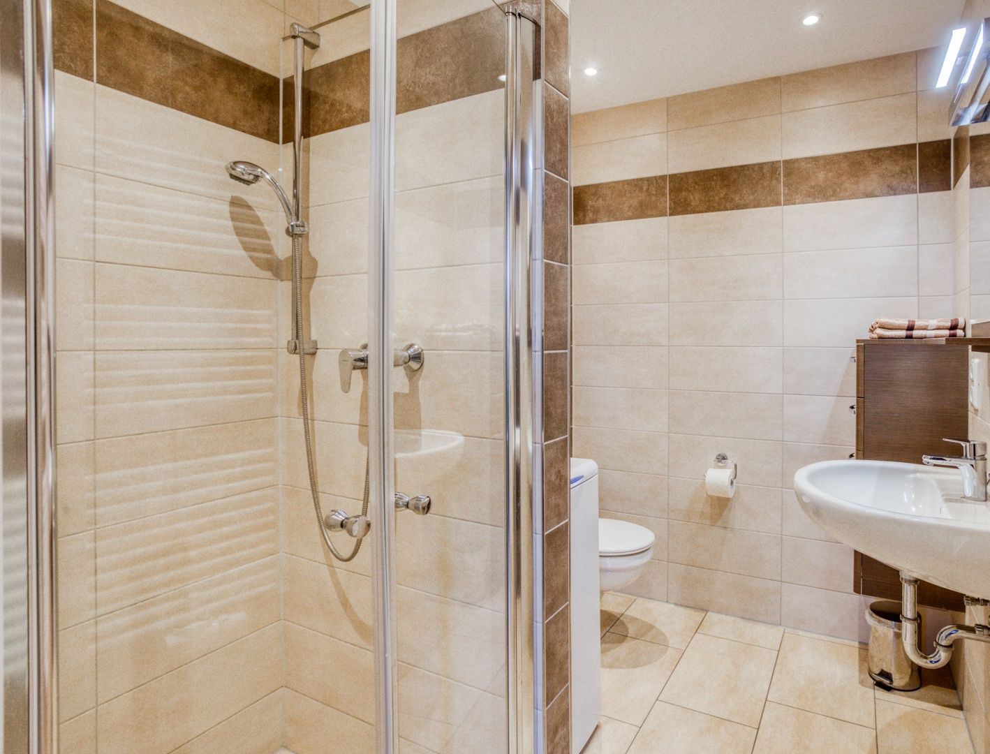 Een moderne badkamer met een glazen douchecabine, een wastafel en een toilet.