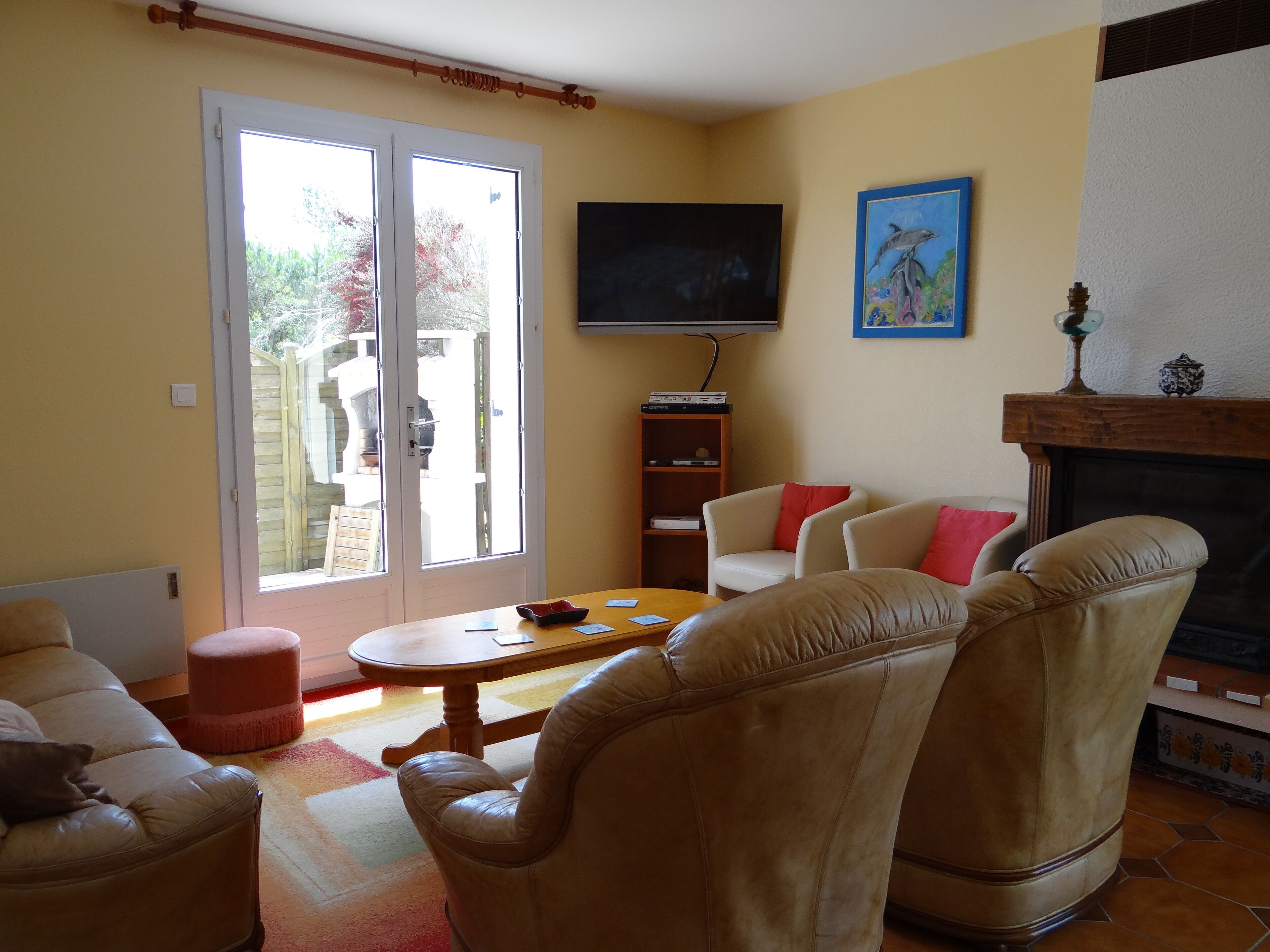 TV connectée, cheminée, lecteur de DVD, table de tennis de table