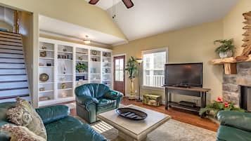 Smart TV, chimenea, reproductor de DVD y libros