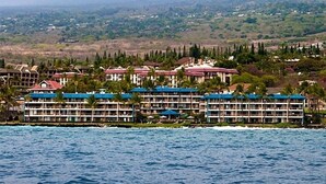 A beachfront hotel with multiple buildings, some with red roofs and others with blue roofs, surrounded by palm trees and a view of the ocean.