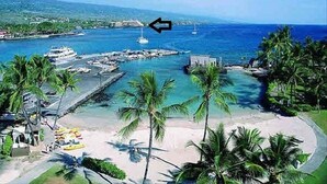 A coastal area with a marina, boats, and a beach with palm trees.
