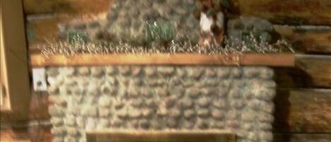 A stone fireplace with a glass door, surrounded by a stone hearth and a small decorative item on the mantel.