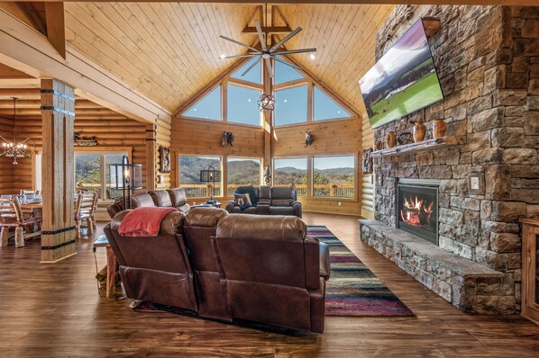 Smart TV, fireplace, video games, DVD player