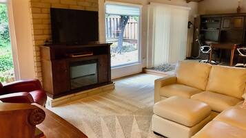 Smart TV, fireplace, DVD player, books