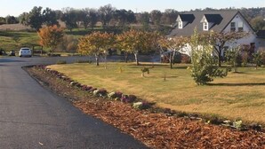 Un quartier résidentiel avec une route asphaltée, une maison blanche dotée d’un toit à pignon et une pelouse verdoyante parsemée d’arbres.