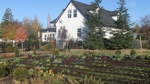 Une maison blanche avec un toit foncé, entourée d’un jardin où poussent différentes espèces de plantes et délimitée par une clôture.