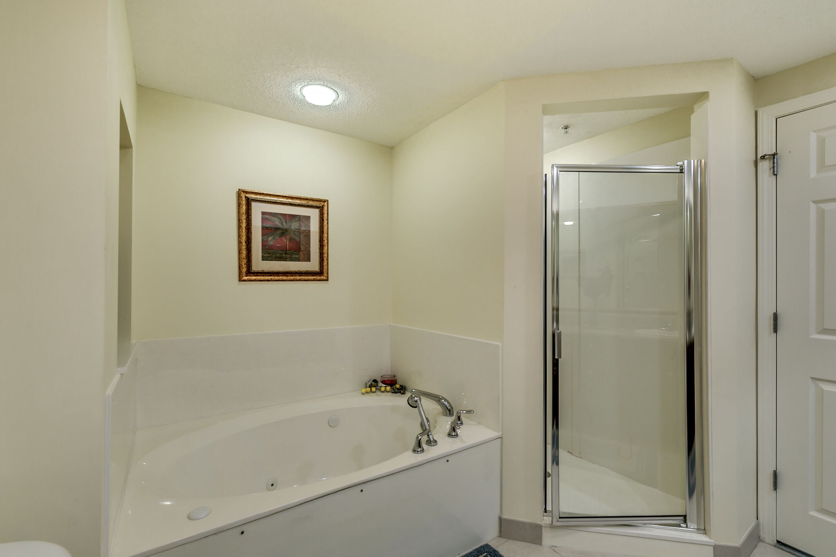 Une salle de bain avec une grande baignoire, une douche en verre et un tableau encadré au mur.